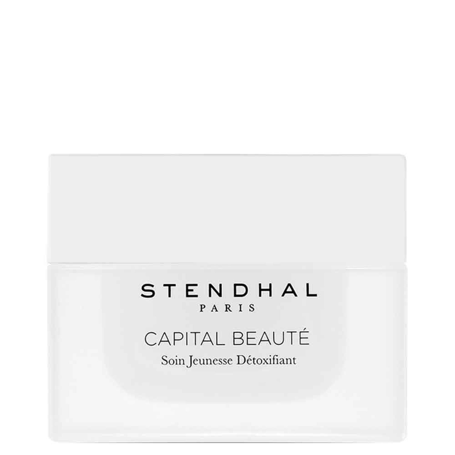 Weißer Tiegel mit Deckel. Aufschrift: STENDHAL PARIS, CAPITAL BEAUTÉ, Soin Jeunesse Détoxifiant.