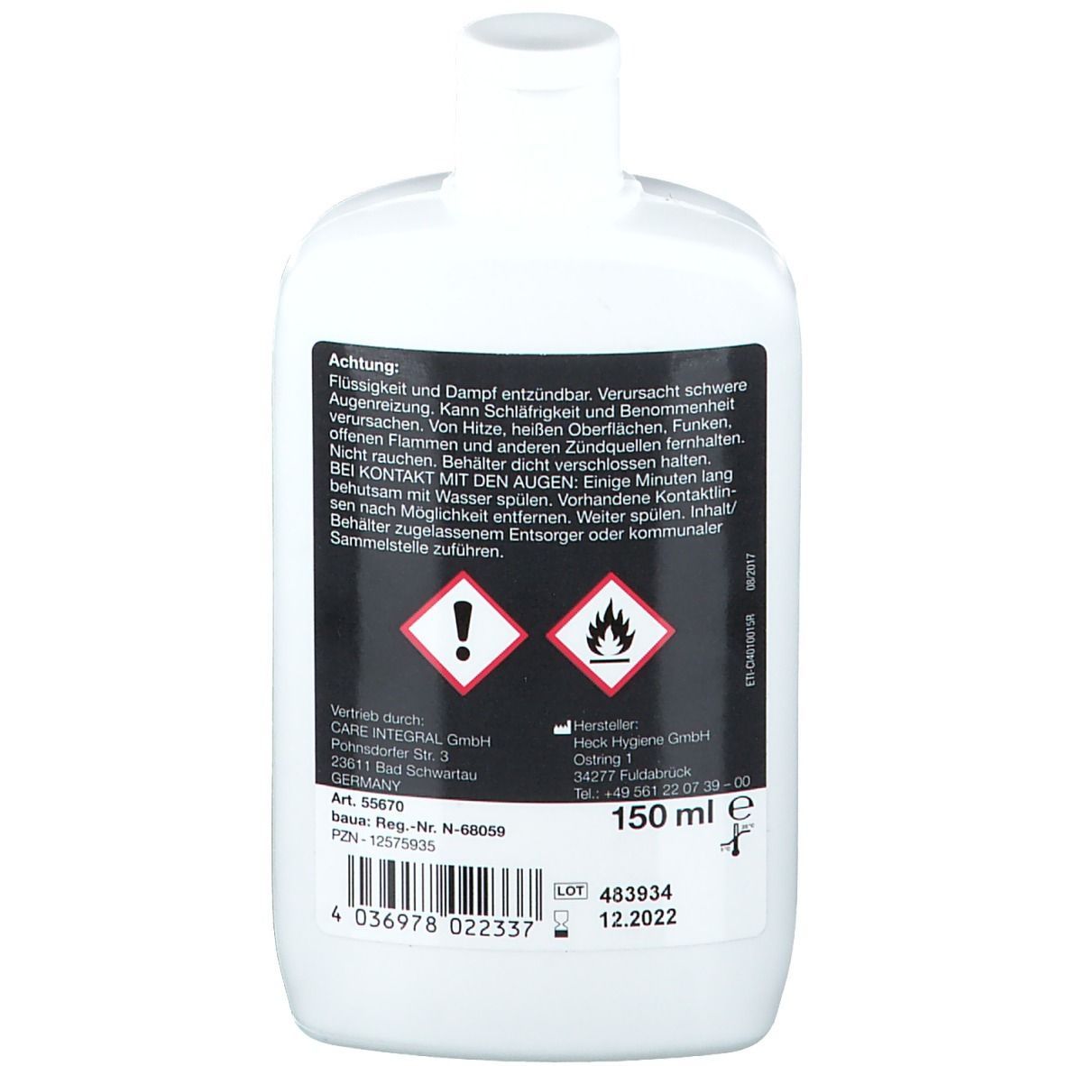 Weiße Flasche mit schwarzem Etikett. Warnhinweise und Text. Volumen: 150 ml. Chargennummer und Verfallsdatum.