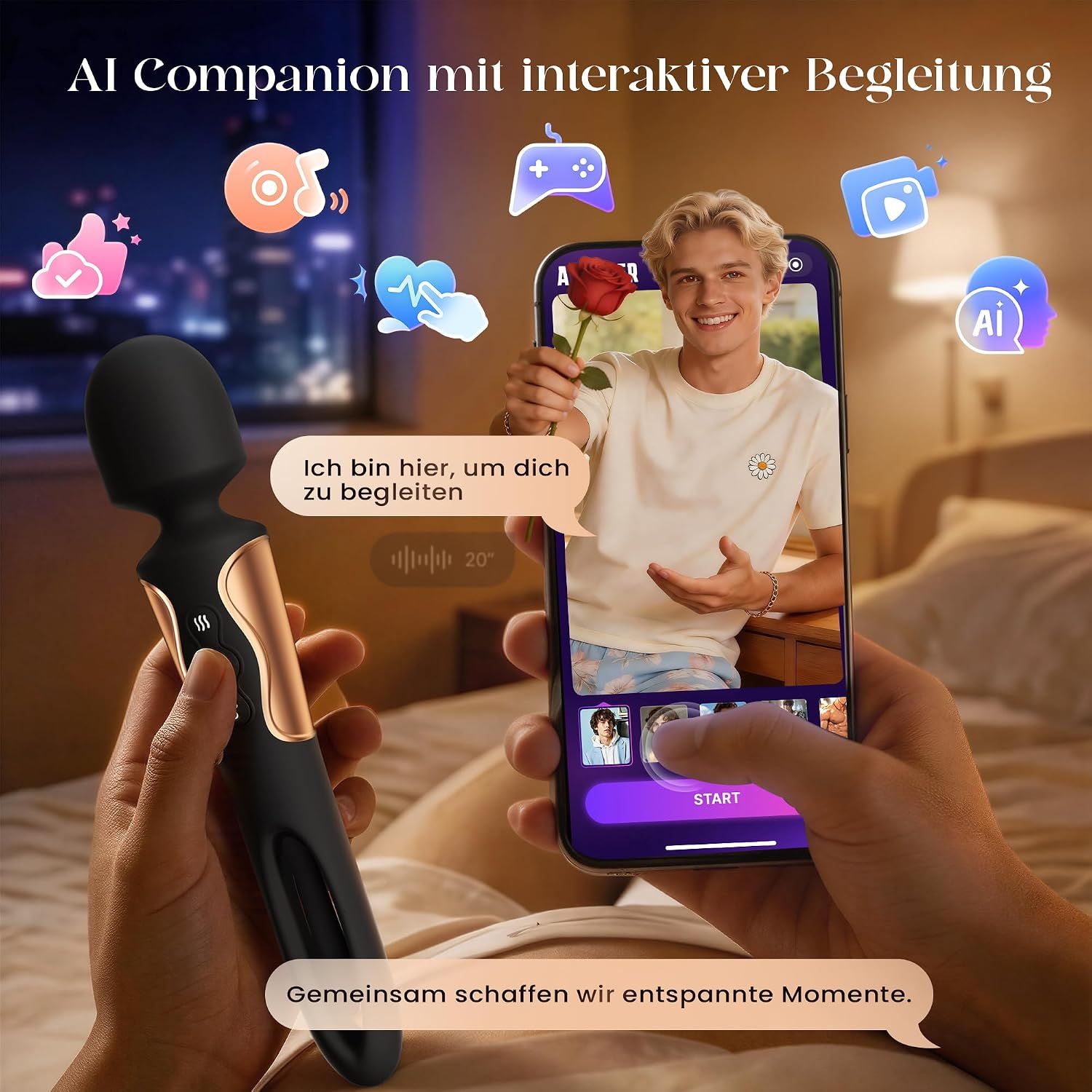 Schwarzer Vibrator mit kupferfarbenen Akzenten, der in der Hand einer Person gehalten wird, die ein Smartphone bedient.