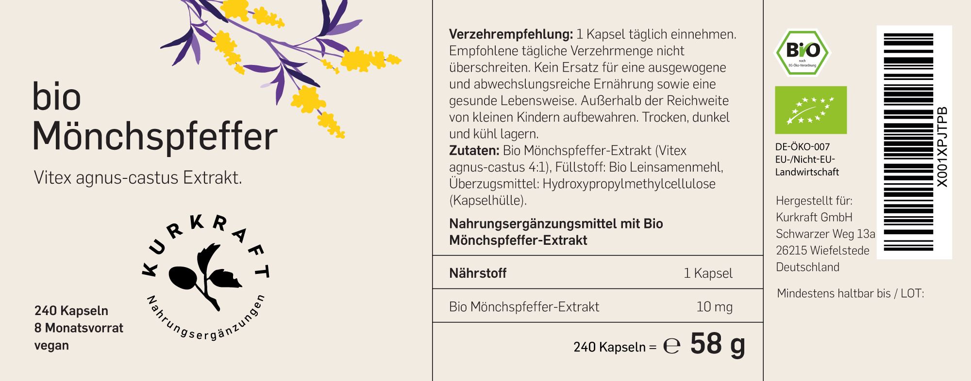 Etikett einer Flasche Bio Mönchspfeffer. Text: 240 Kapseln, 8 Monatsvorrat, vegan. Bio-Siegel. Inhaltsstoffe, Dosierung, Hersteller.