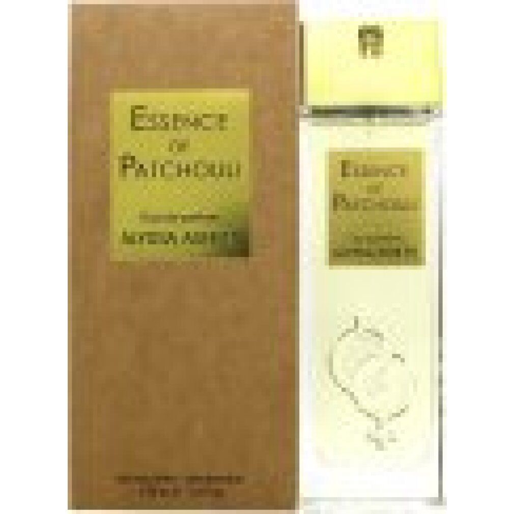 Flakon und Verpackung. Aufschrift: Essence de Patchouli, Eau de parfum, Alyssa Ashley. Flakon mit Sprühkopf. Braune Verpackung.