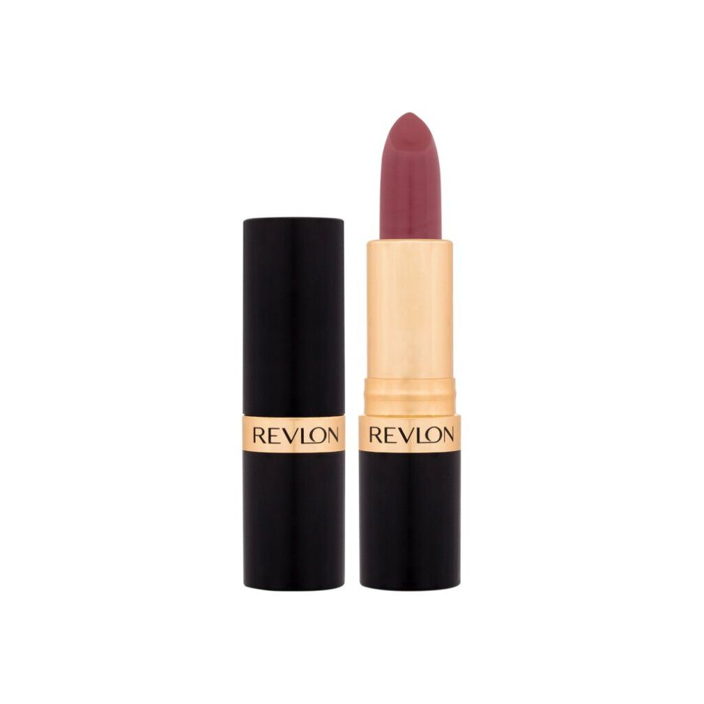 Lippenstift, Kappe daneben. Goldener und schwarzer Behälter. Aufschrift: REVLON.