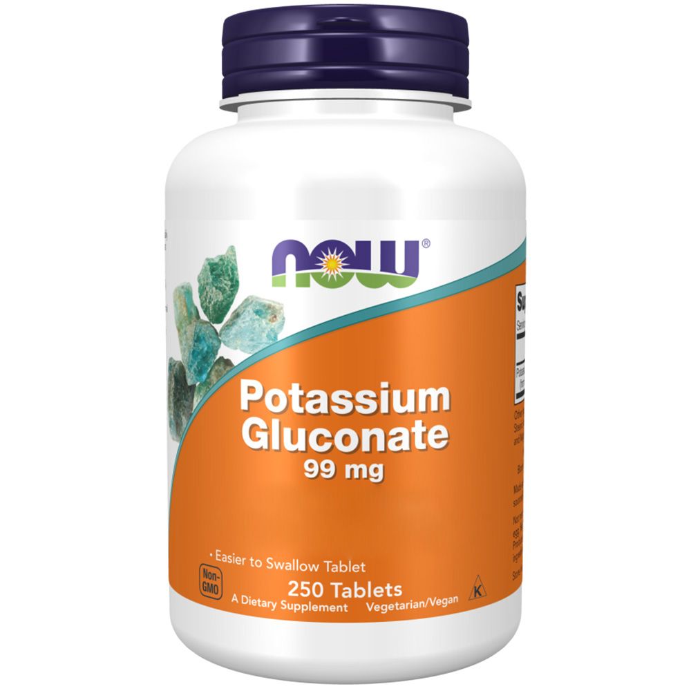 Weiße Flasche mit blauem Deckel. Aufschrift: NOW, Potassium Gluconate 99 mg, 250 Tabletten. Vegetarisch/Vegan.