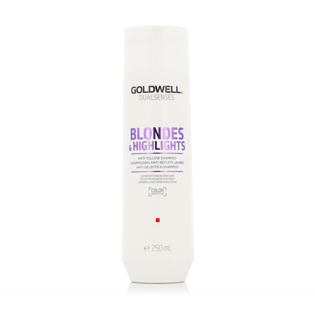 Weiße Flasche mit lila Aufschrift Goldwell Blondes & Highlights Anti-Gelbstich Shampoo. 250ml. Color Protection.