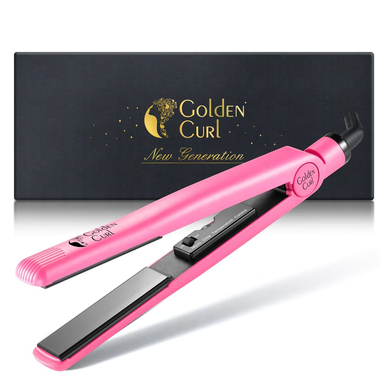 Pinkes Glätteisen mit schwarzer Platte. Schwarze Box mit "Golden Curl"-Logo.