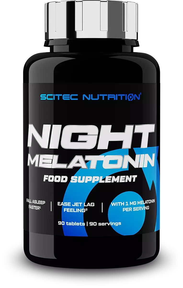 Scitec Nutrition Night Melatonin Nahrungsergänzungsmittel in schwarzer Dose, 90 Tabletten.