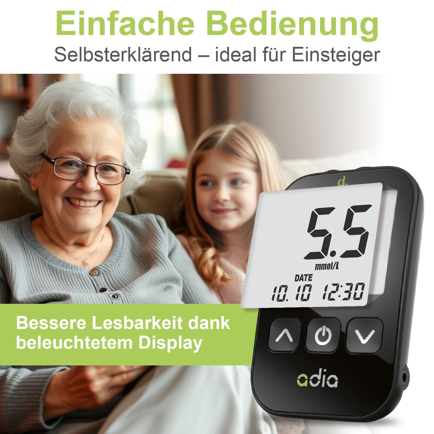 adia Blutzuckermessgerät-Set (mmol/L) zur Blutzucker-Kontrolle bei Diabetes