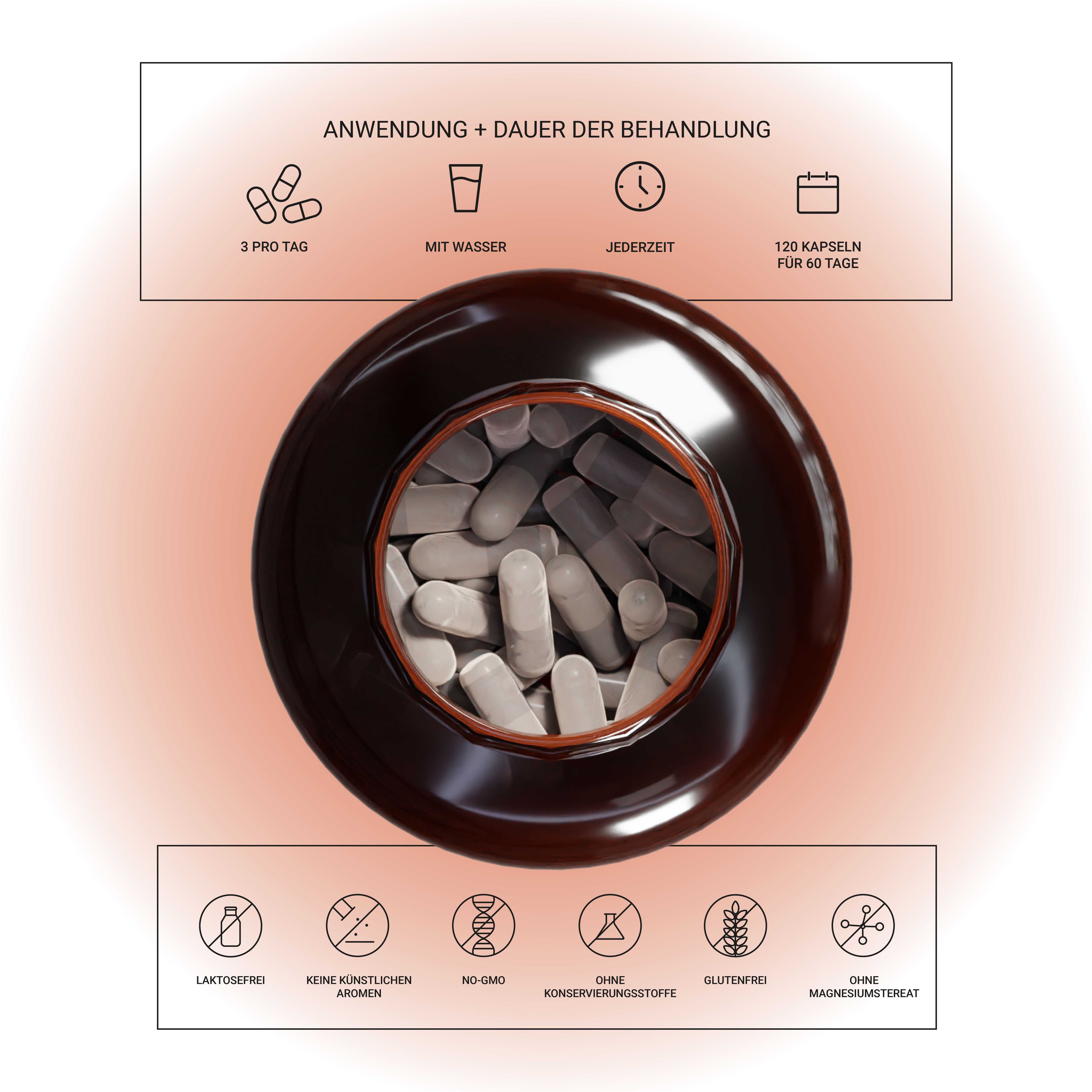Draufsicht auf eine braune Flasche mit Kapseln. Informationen zur Anwendung: 3 Kapseln täglich, mit Wasser, jederzeit.