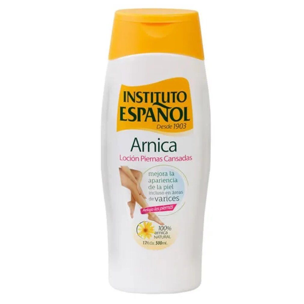 Weiße Flasche mit gelbem Deckel. Aufschrift: Instituto Español Arnica, Lotion für müde Beine. Enthält 100% natürliches Arnika.