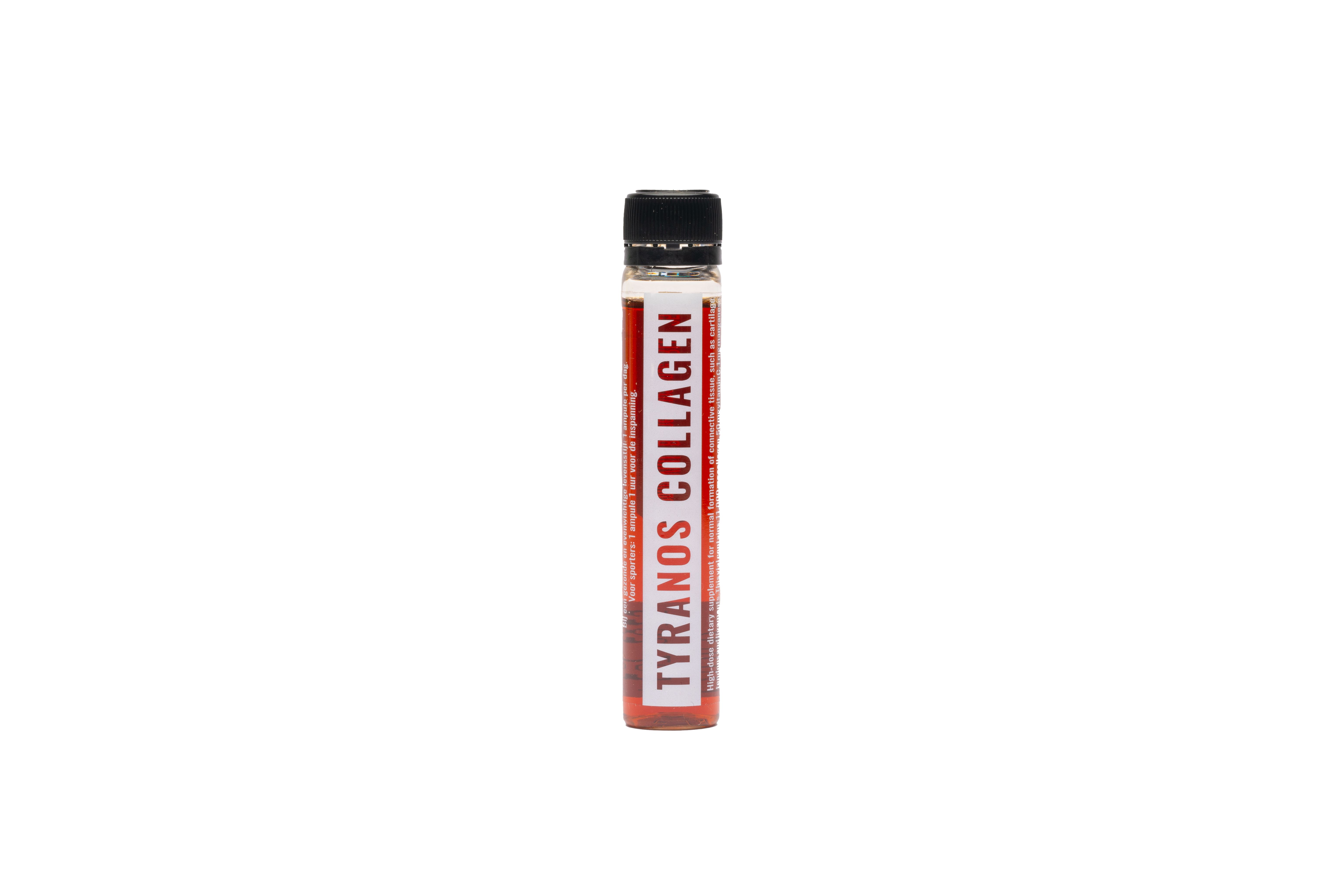 Klarflüssiges Produkt in einer kleinen, zylindrischen Flasche mit schwarzem Deckel. Aufschrift: TYRANOS COLLAGEN.