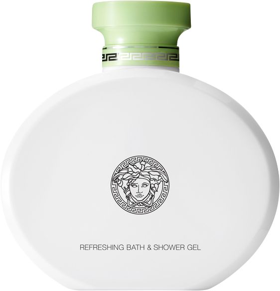 Weiße ovale Flasche mit Medusa-Logo und grünem Verschluss. Erfrischendes Duschgel.