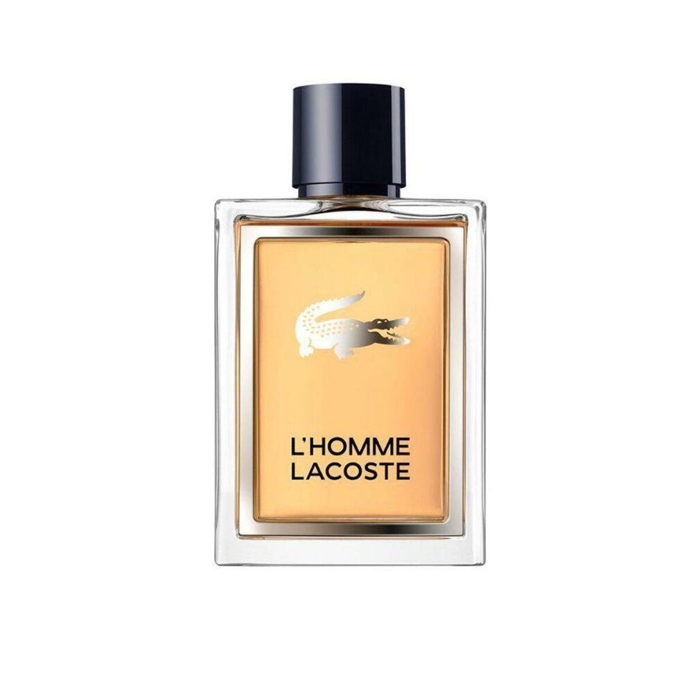 Lacoste L'Homme Eau de Toilette Spray Flakon mit silbernem Krokodil-Logo und dunklem Verschluss.