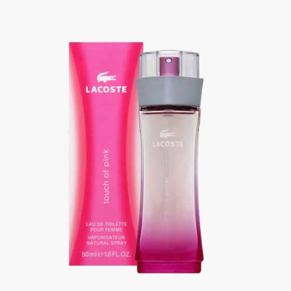 Flakon und Verpackung Lacoste Touch of Pink. Pinke Verpackung neben Flakon. Logo und Schriftzug. Text: Eau de Toilette, 50ml.