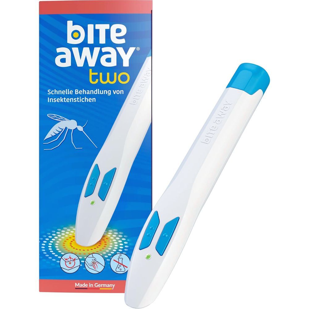 Bite away Stichheiler und Verpackung mit Mückenmotiv und Anwendungshinweisen.