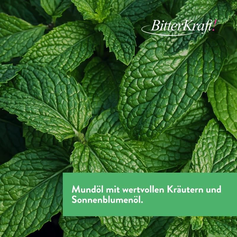 Nahaufnahme von grünen Minzblättern. Text: Mundöl mit wertvollen Kräutern und Sonnenblumenöl.