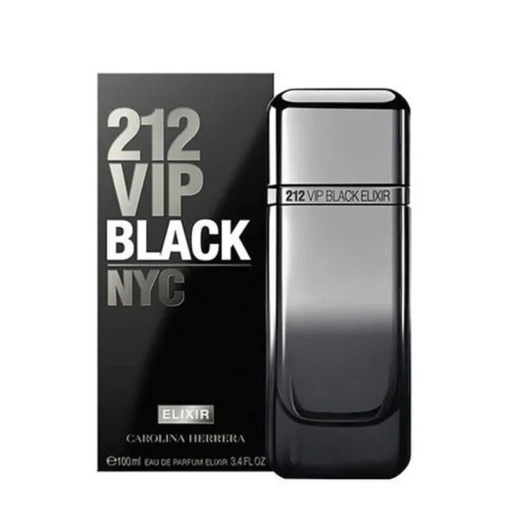 Schwarzer Flakon und Verpackung. Aufschrift: 212 VIP BLACK NYC. Elixir. Carolina Herrera.