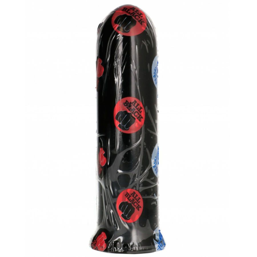 Schwarzer Dildo mit glatter Oberfläche, verpackt in Folie mit roten und blauen Logos.