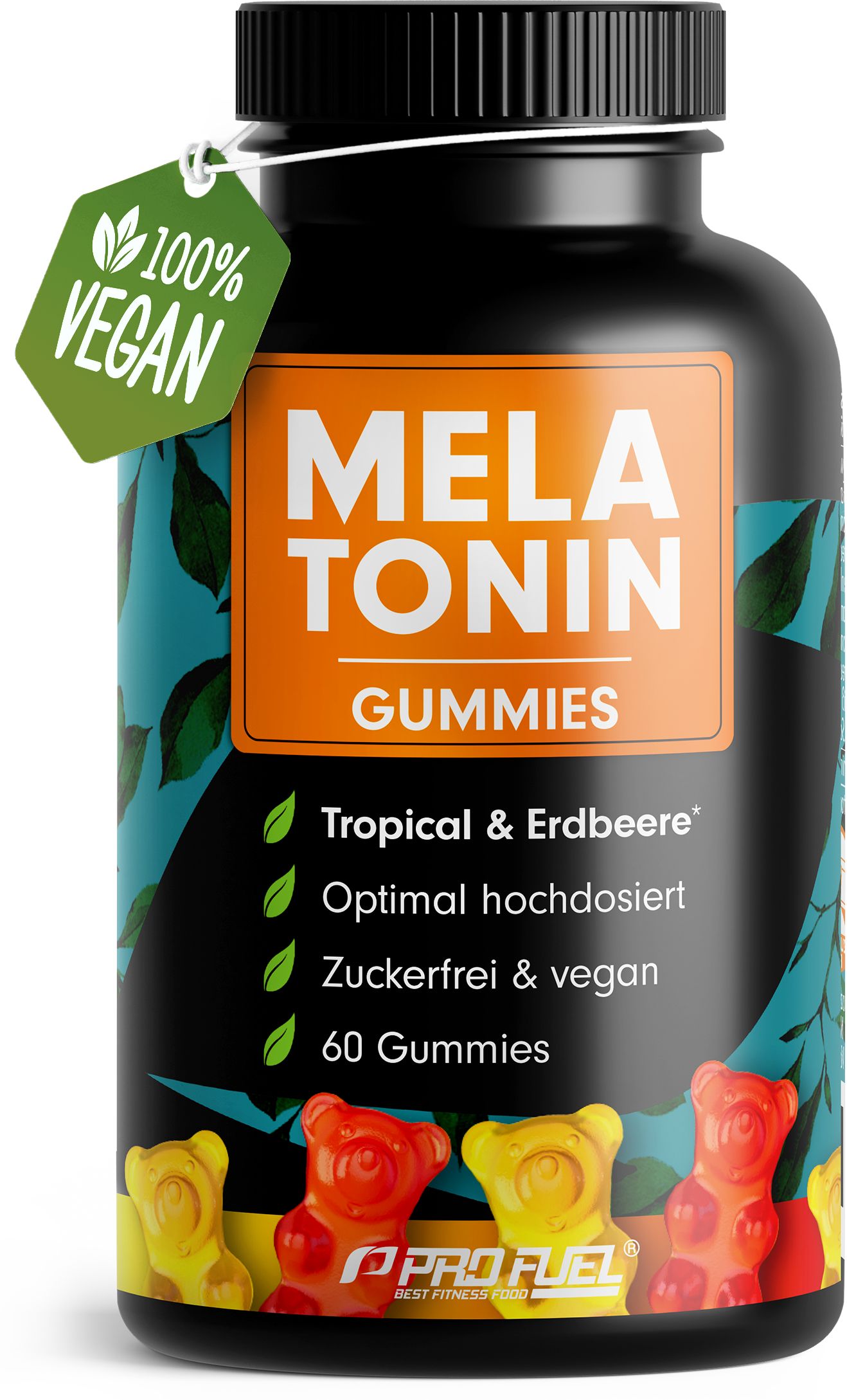 Schwarze Flasche mit Melatonin Gummies. Aufkleber mit Text: Tropical & Erdbeere, 60 Gummies. Vegan-Siegel.