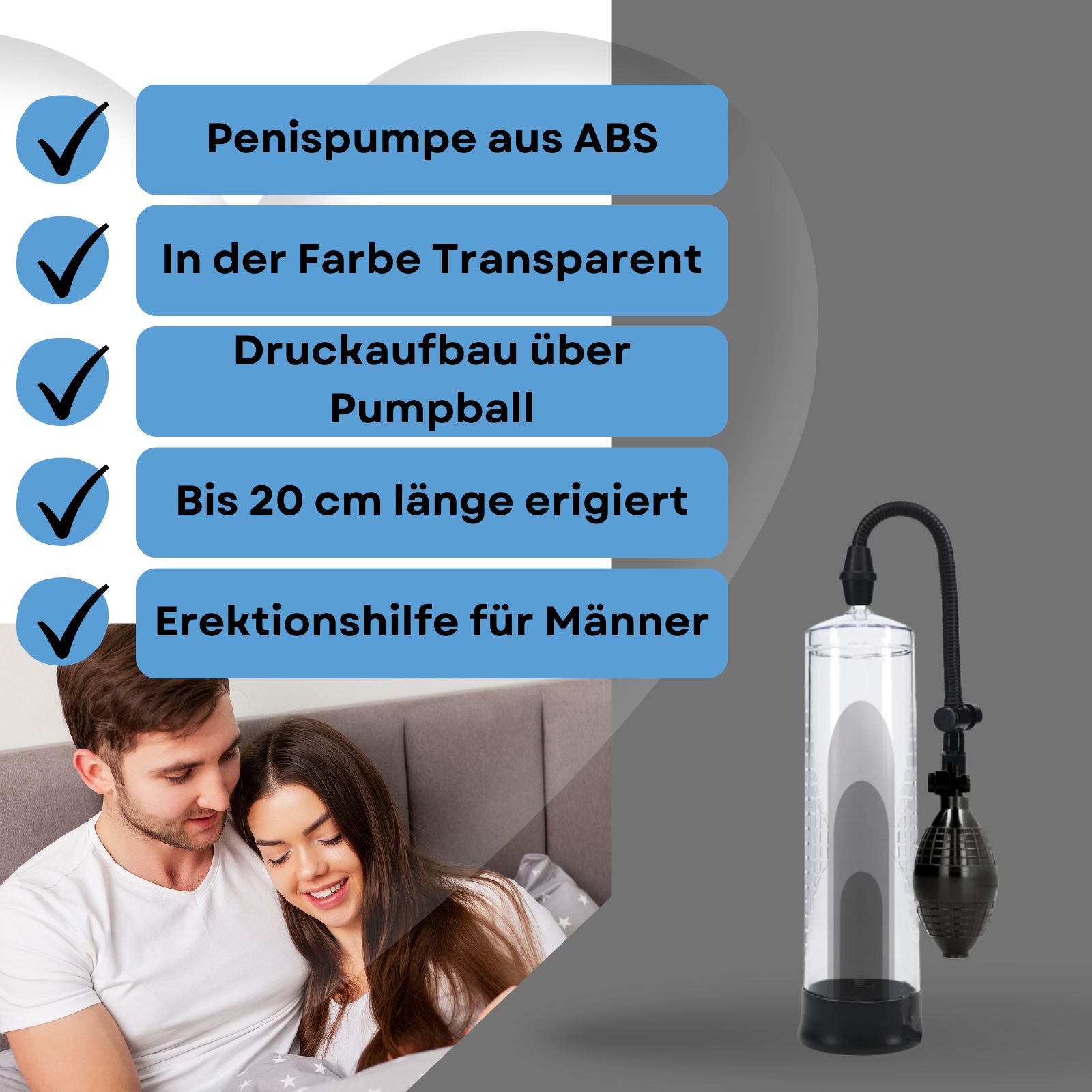 Paar im Bett. Penis-Pumpe, transparente Farbe, schwarzer Pumpball. Text: Erektionshilfe für Männer.