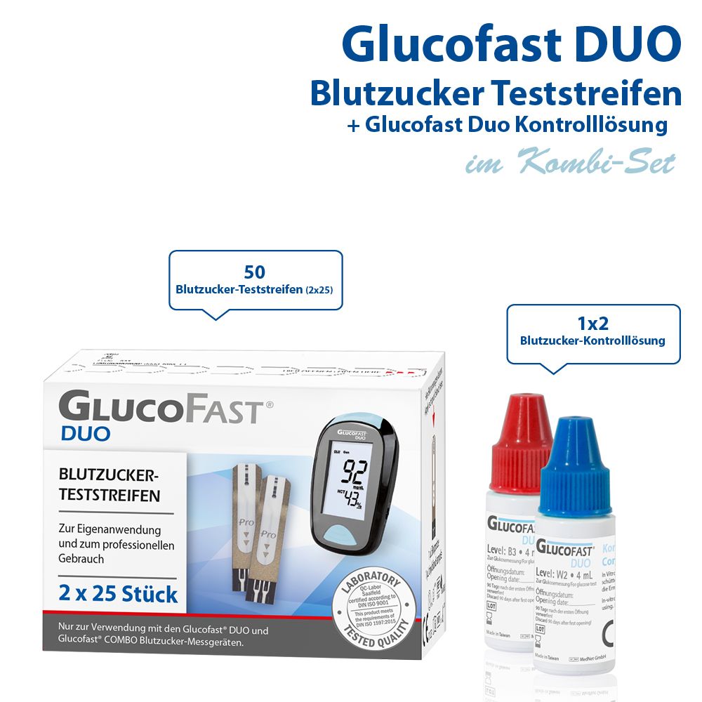 Glucofast Duo Blutzucker-Teststreifen und Kontrolllösung im Kombiset