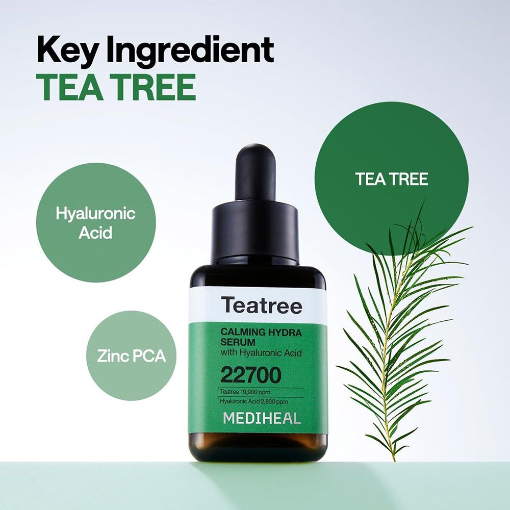 Serumflasche mit schwarzem Deckel. Aufschrift: Teatree Calming Hydra Serum, 22700, MEDIHEAL. Grüne Kreise mit Inhaltsstoffen.