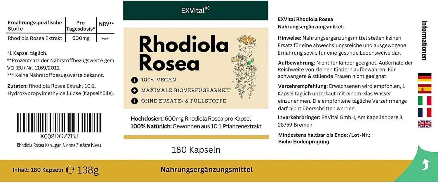 Etikett mit Produktinformationen. Enthält Text zu Inhaltsstoffen, Dosierung, Anwendung und Hersteller. 180 Kapseln.