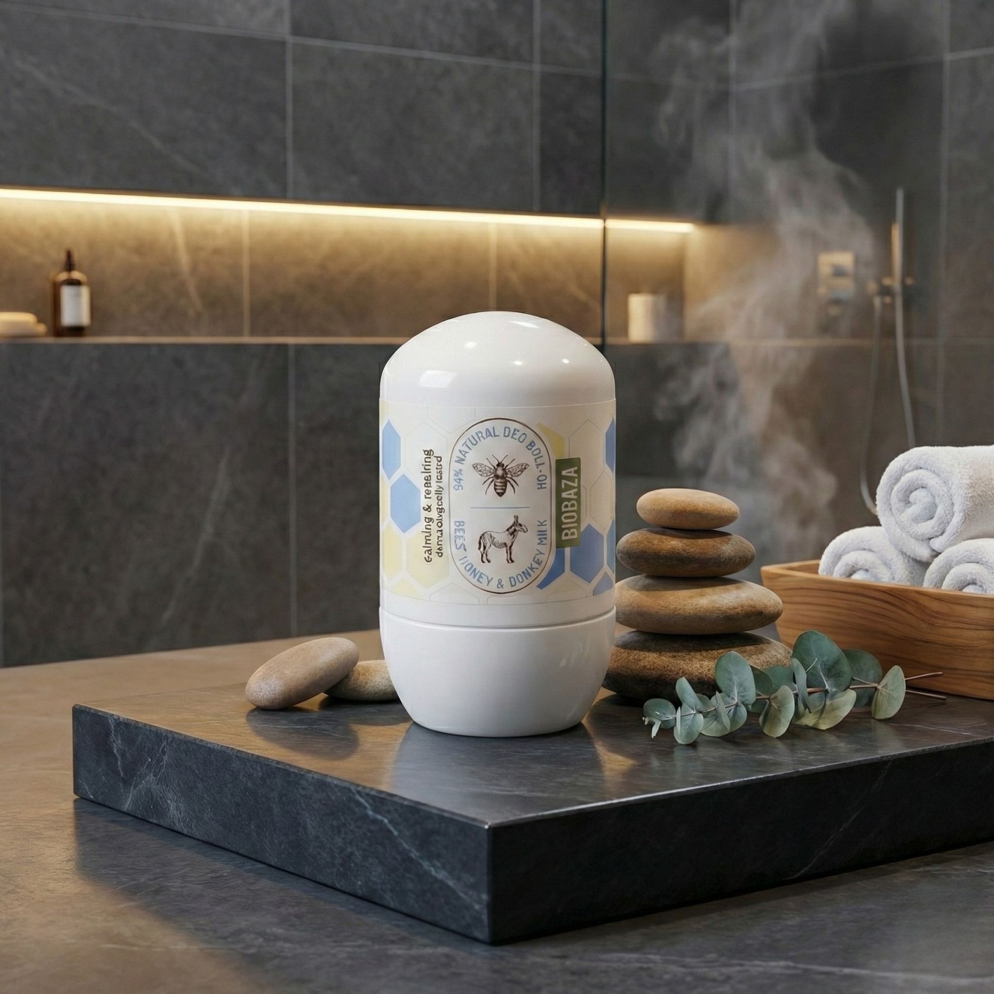 Weißer Deo Roll-on auf einer schwarzen Oberfläche. Aufschrift: Bees & Donkeys. Im Badezimmer, neben Steinen und Eukalyptus.