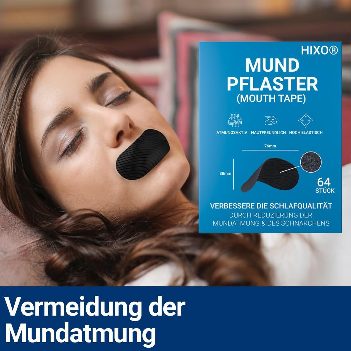 Frau im Bett mit Mundpflaster. Produktverpackung im Hintergrund. Text: Vermeidung der Mundatmung.