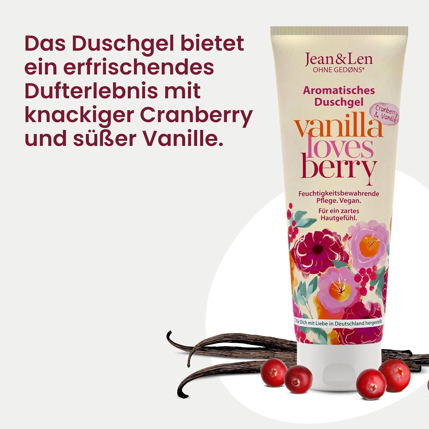 Beige Tube "Jean & Len" mit "Vanilla loves Berry". Daneben Vanilleschoten und Cranberries. Text: Erfrischender Duft mit Cranberry und Vanille.
