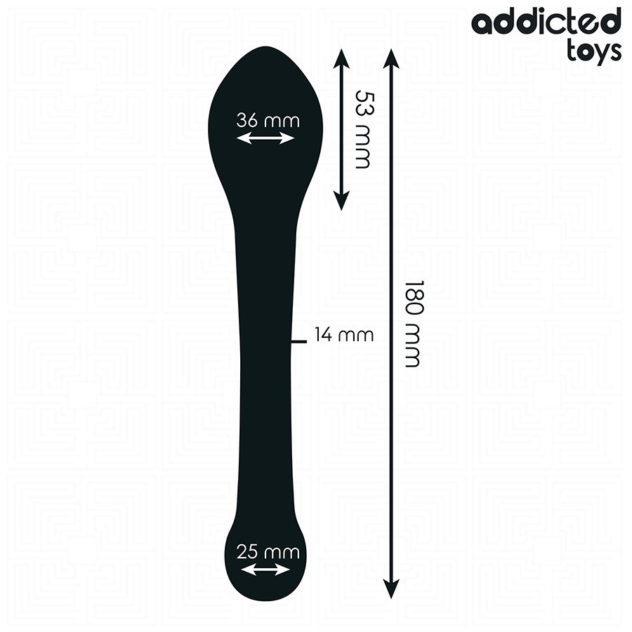 Grauer Silikon-Analstimulator mit Abmessungen: 180 mm Länge, 36 mm Breite (Spitze). Marke: Addicted Toys.