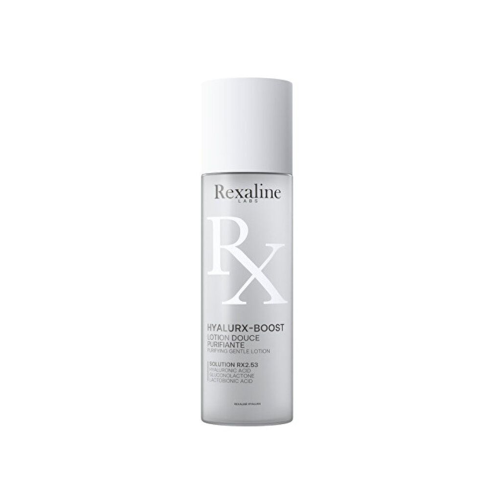Zylindrische Flasche mit weißem Deckel. Aufschrift: Rexaline, Hyalurx-Boost, Lotion Douce Purifiante. Grauer Hintergrund.