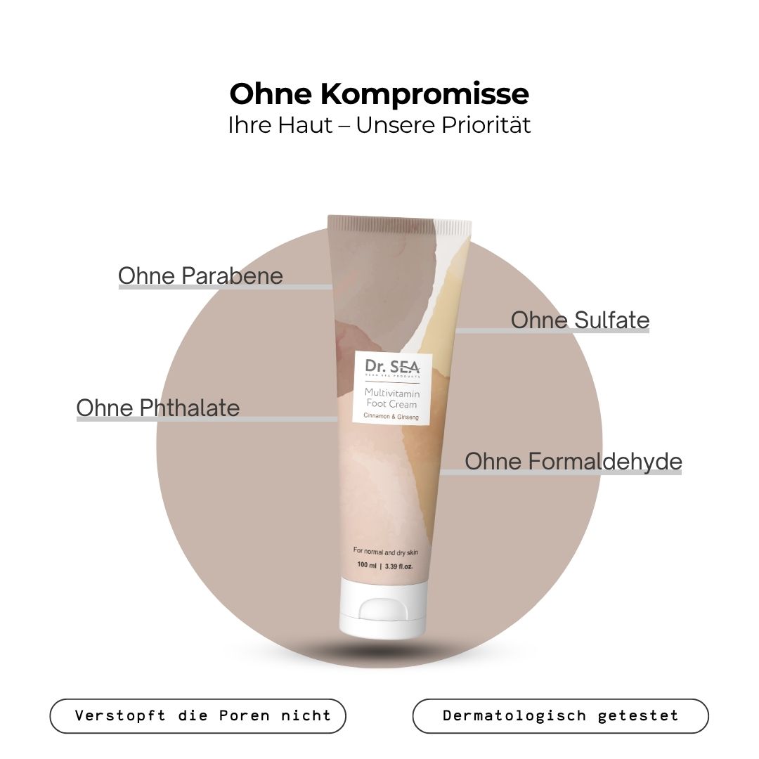 Creme-Tube "Dr. SEA Multivitamin Fußcreme". Text: Ohne Parabene, Sulfate, Phthalate, Formaldehyd. Dermatologisch getestet.