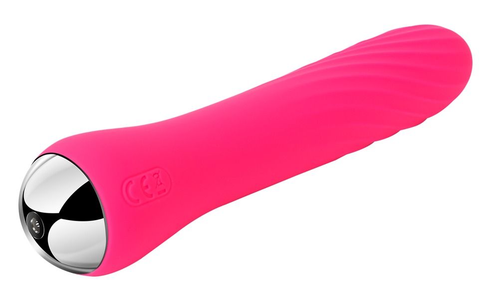 Pinkfarbener Vibrator mit geriffelter Oberfläche und silberfarbenem Ende. CE-Kennzeichnung.