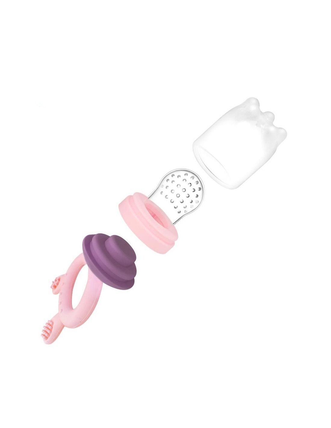 Fruchtsauger in Einzelteilen. Rosa Beißring, lila Verschluss, transparenter Behälter.