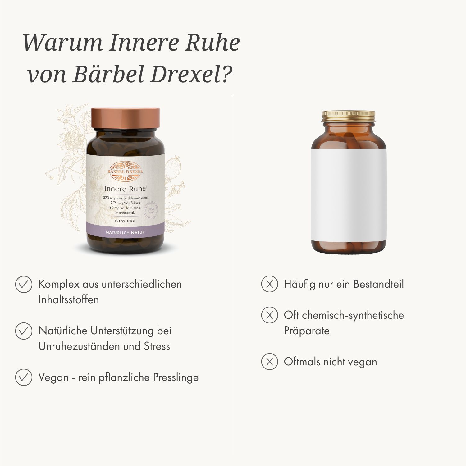 Vergleich von Bärbel Drexel Produkt mit einem anderen. Links: Produktflasche mit Vorteilen. Rechts: Leere Flasche mit Nachteilen.