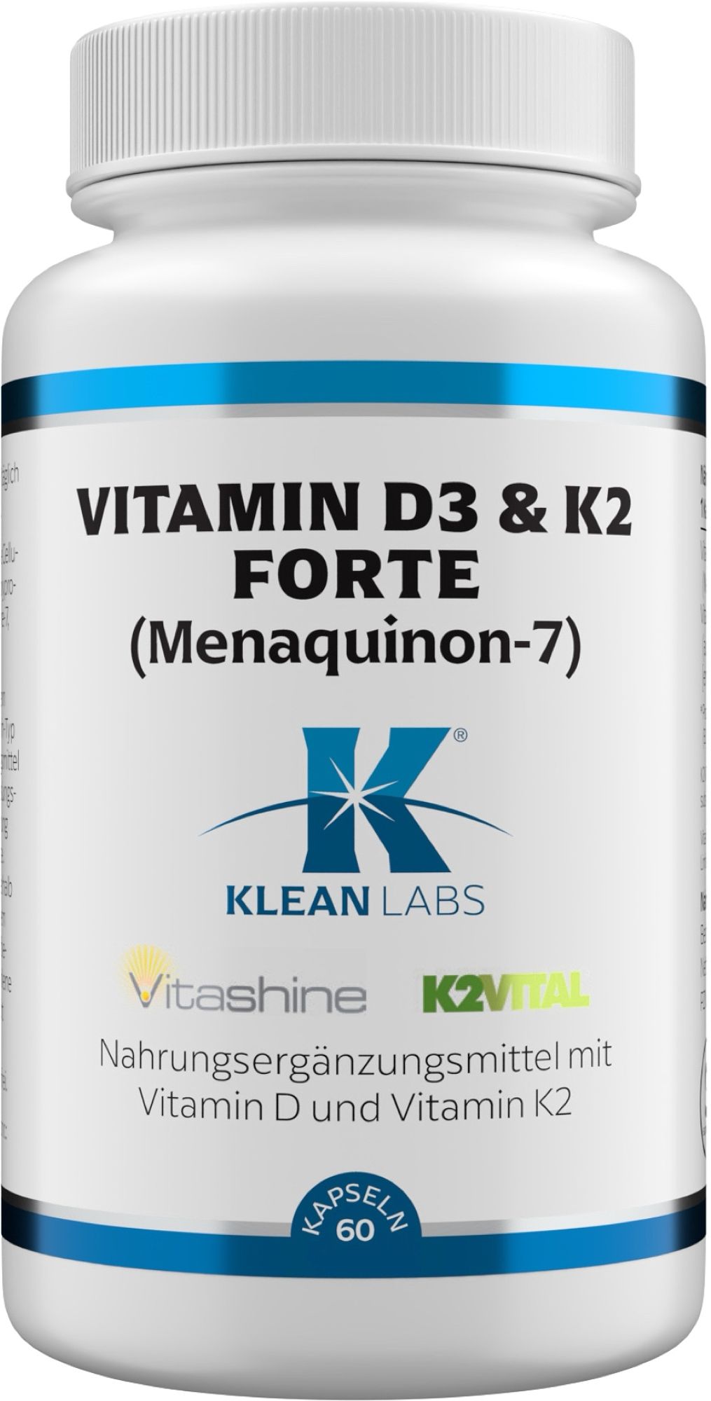 Weiße Pillendose mit blauem Etikett. Enthält Vitamin D3 & K2 Forte (Menaquinon-7) von Klean Labs.