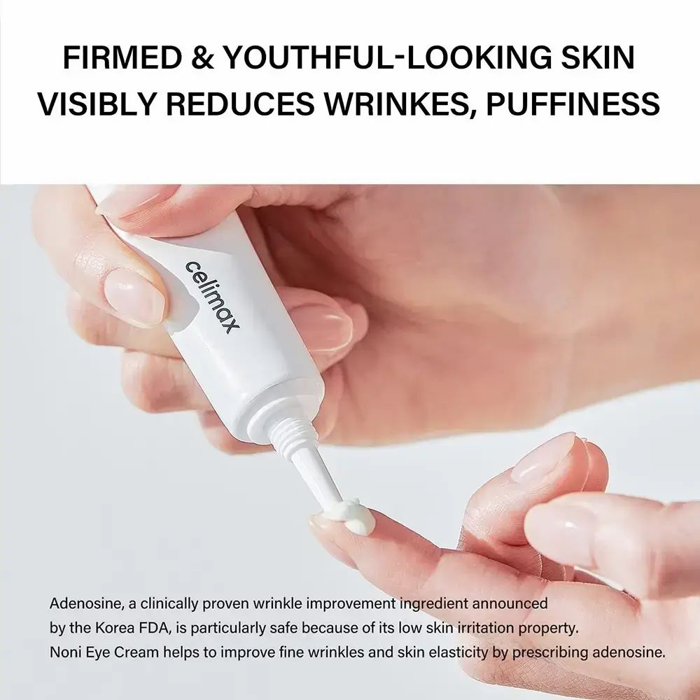 Produkt auf Finger. Text: "Firmed & youthful-looking skin visibly reduces wrinkles, puffiness". Text über Inhaltsstoffe.