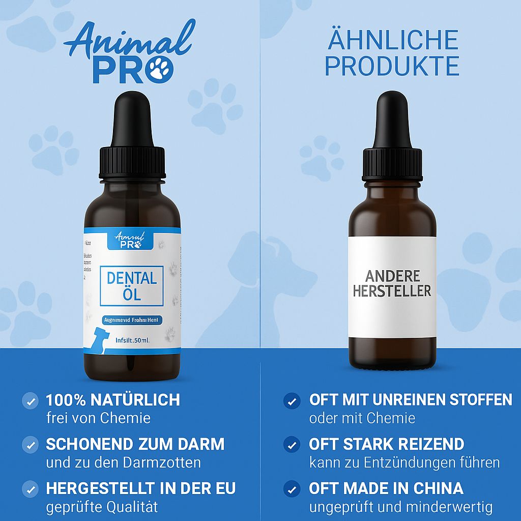 Zwei braune Glasflaschen mit schwarzen Tropfern. Eine mit "Dental Öl", die andere mit "Andere Hersteller".