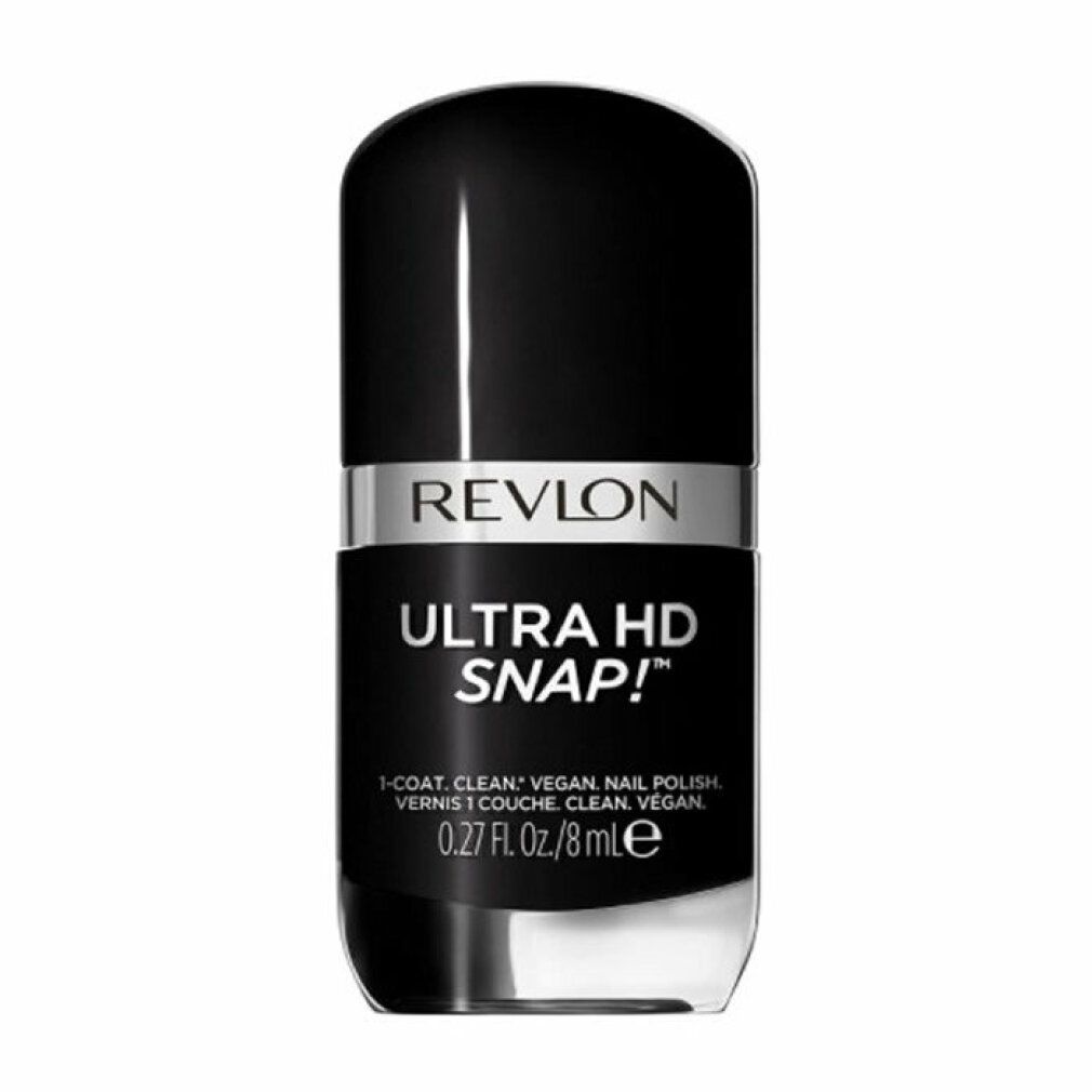 Nagellackflasche, schwarz-silber. Text: Revlon, Ultra HD Snap!, 0.27 fl. oz./8 ml. Vegan. 1-Coat. Clean.
