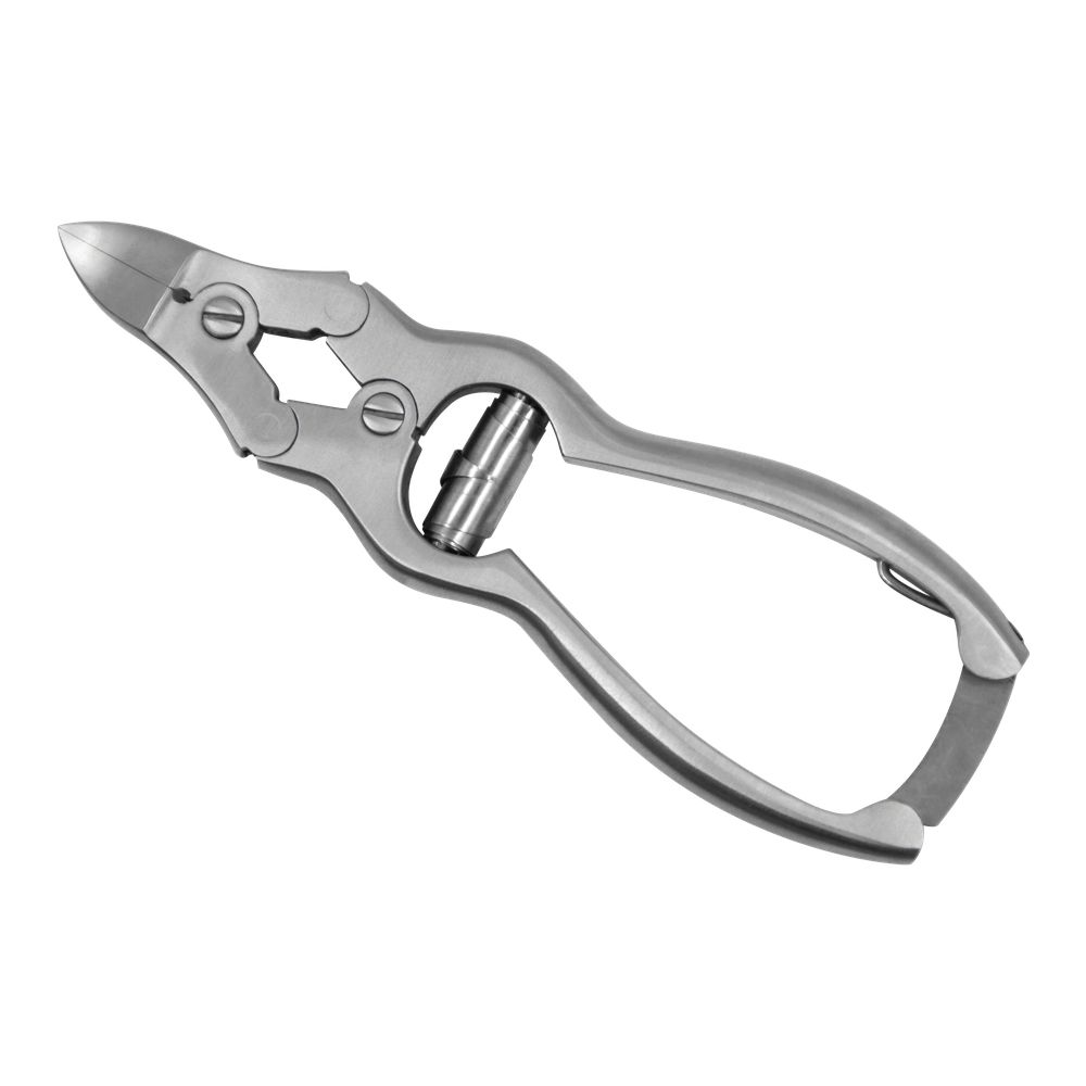 Nagelzange aus Edelstahl. Ergonomischer Griff, gebogene Schneide. Metallfarbenes Werkzeug auf weißem Hintergrund.