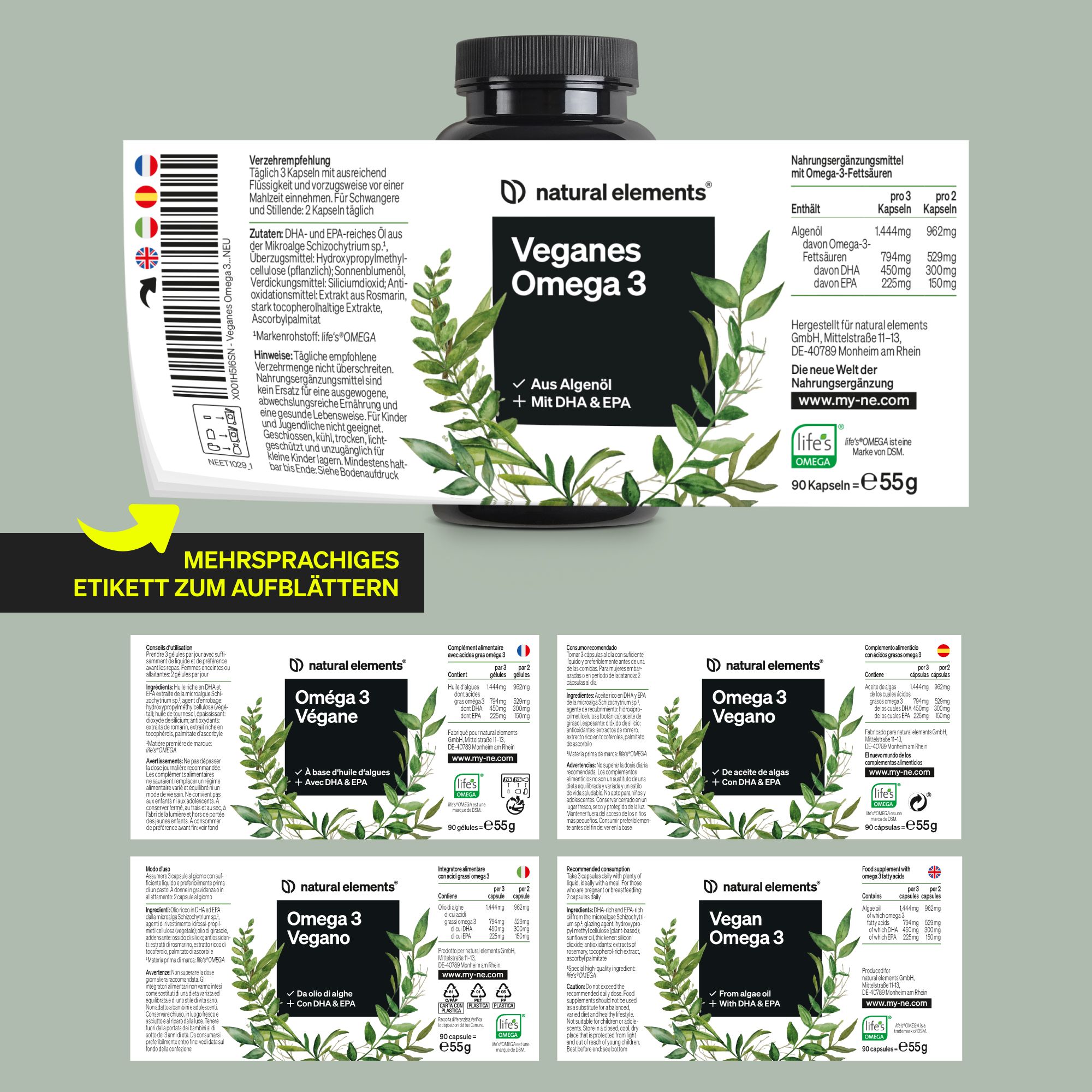 Produktetikett mit mehrsprachigen Informationen. Enthält Angaben zu Inhaltsstoffen und Nährwerten. Marke: natural elements.