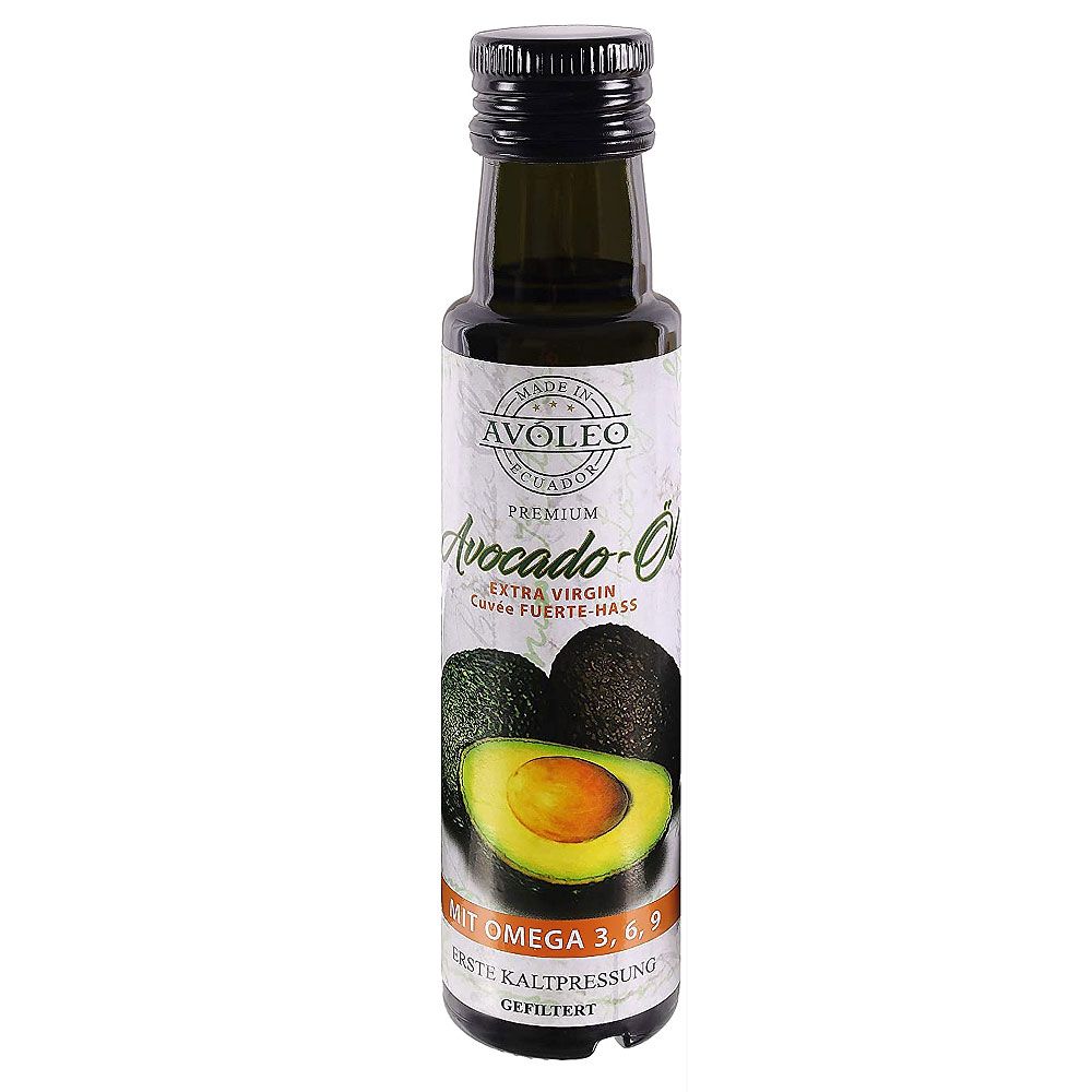 Grüne Glasflasche mit schwarzem Deckel. Aufschrift Avocado-Öl Extra Virgin, mit Avocado-Illustration. Enthält Omega 3, 6, 9.