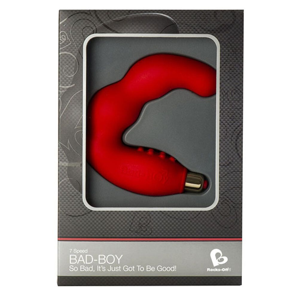 Rotes Massagegerät in schwarzer Verpackung. Aufschrift: BAD-BOY, Rocks-Off Logo.