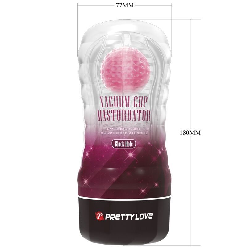 Vakuum-Cup-Masturbator. Transparentes Gehäuse, pinkfarbene Kugel, schwarzer Boden. Abmessungen: 180mm x 77mm.