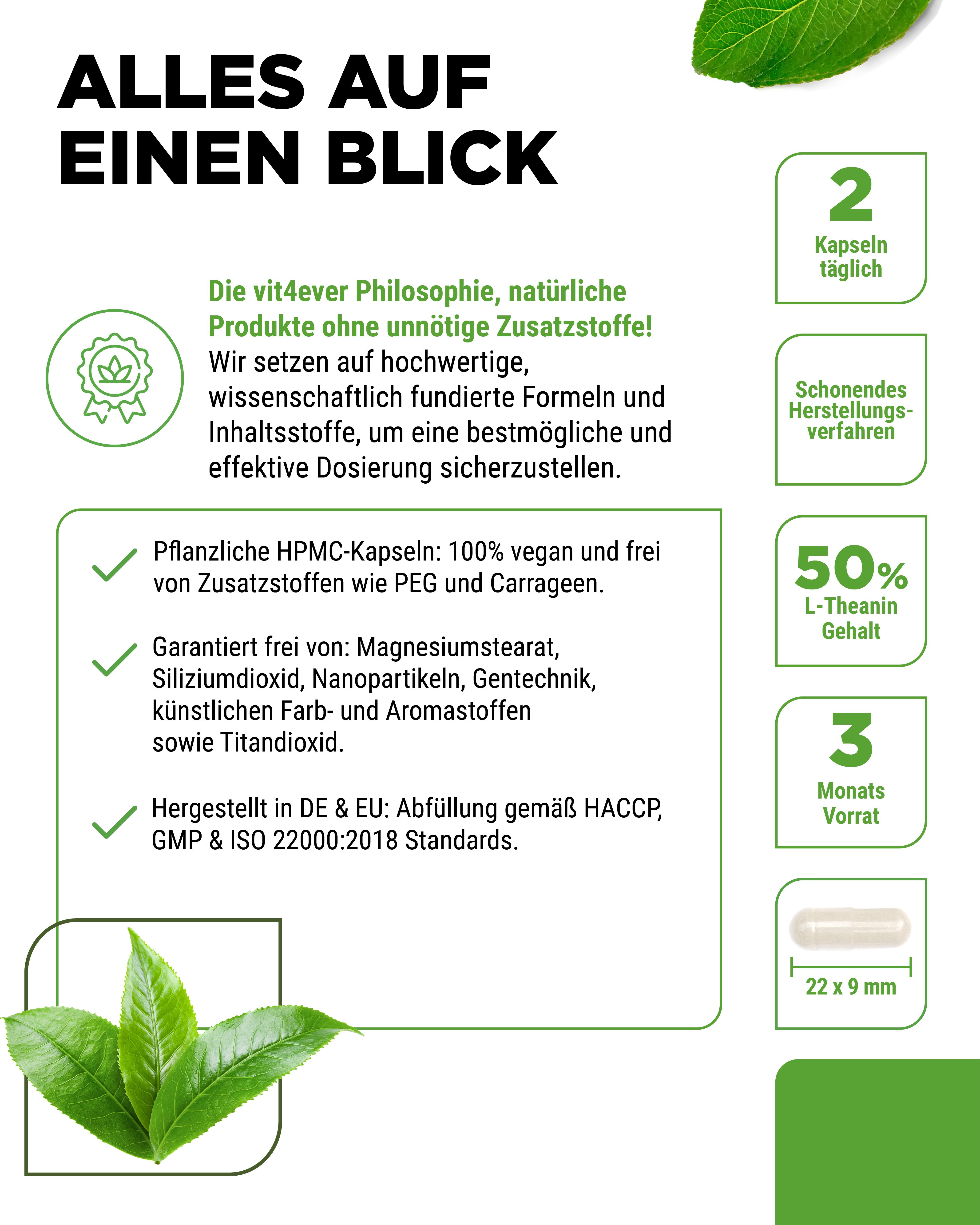 Flasche vit4ever L-Theanin aus Grüntee Extrakt. 180 Kapseln. Vegan. Text: 2 Kapseln täglich, 50% L-Theanin Gehalt, 3 Monate Vorrat.