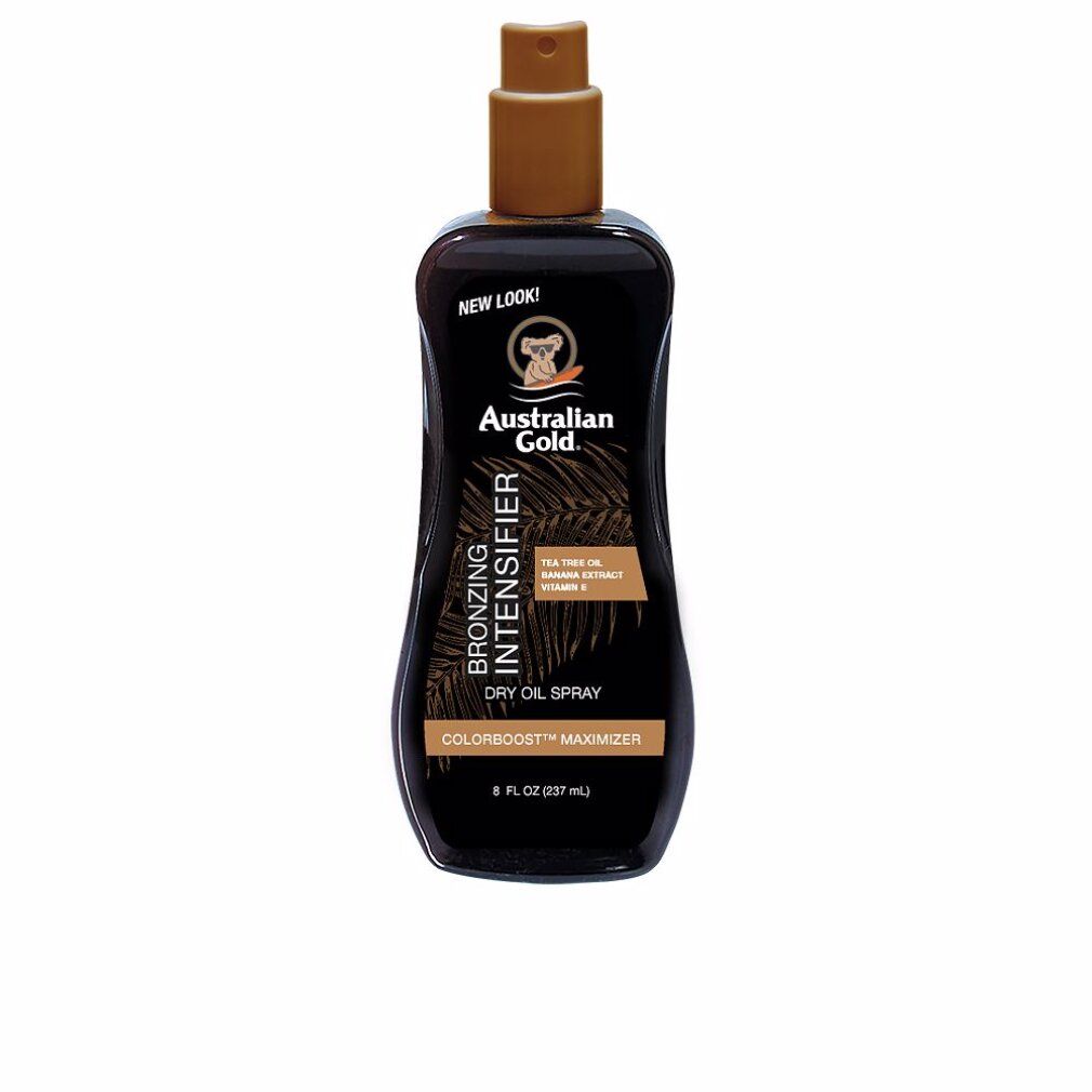 Schwarze Sprühflasche mit braunem Sprühkopf. Aufschrift: Bronzing Intensifier Dry Oil Spray. Marke: Australian Gold. 237 ml.