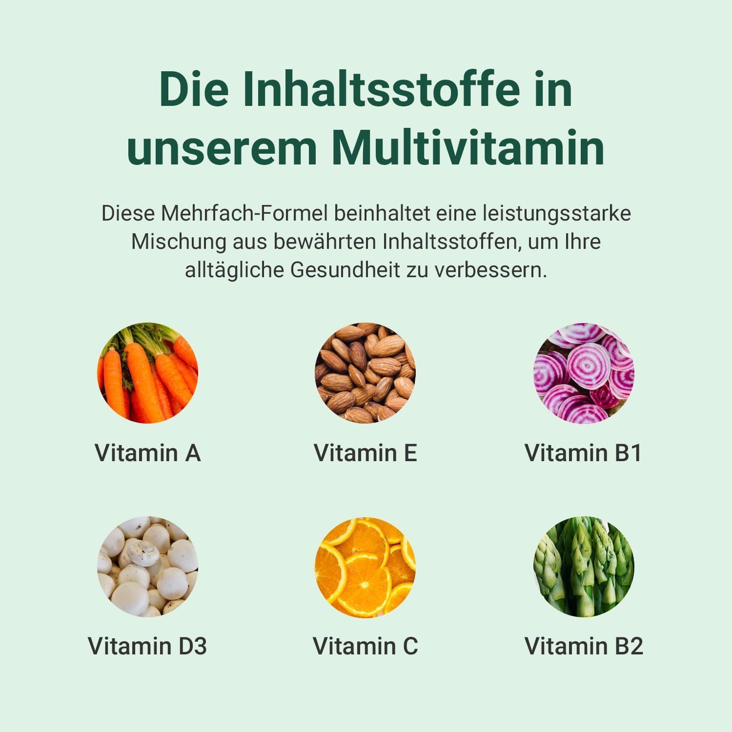 Grafik mit Vitaminen. Karotten, Erdnüsse, rote Zwiebeln, Pilze, Orangen, Spargel. Text: Vitamin A, E, B1, D3, C, B2.