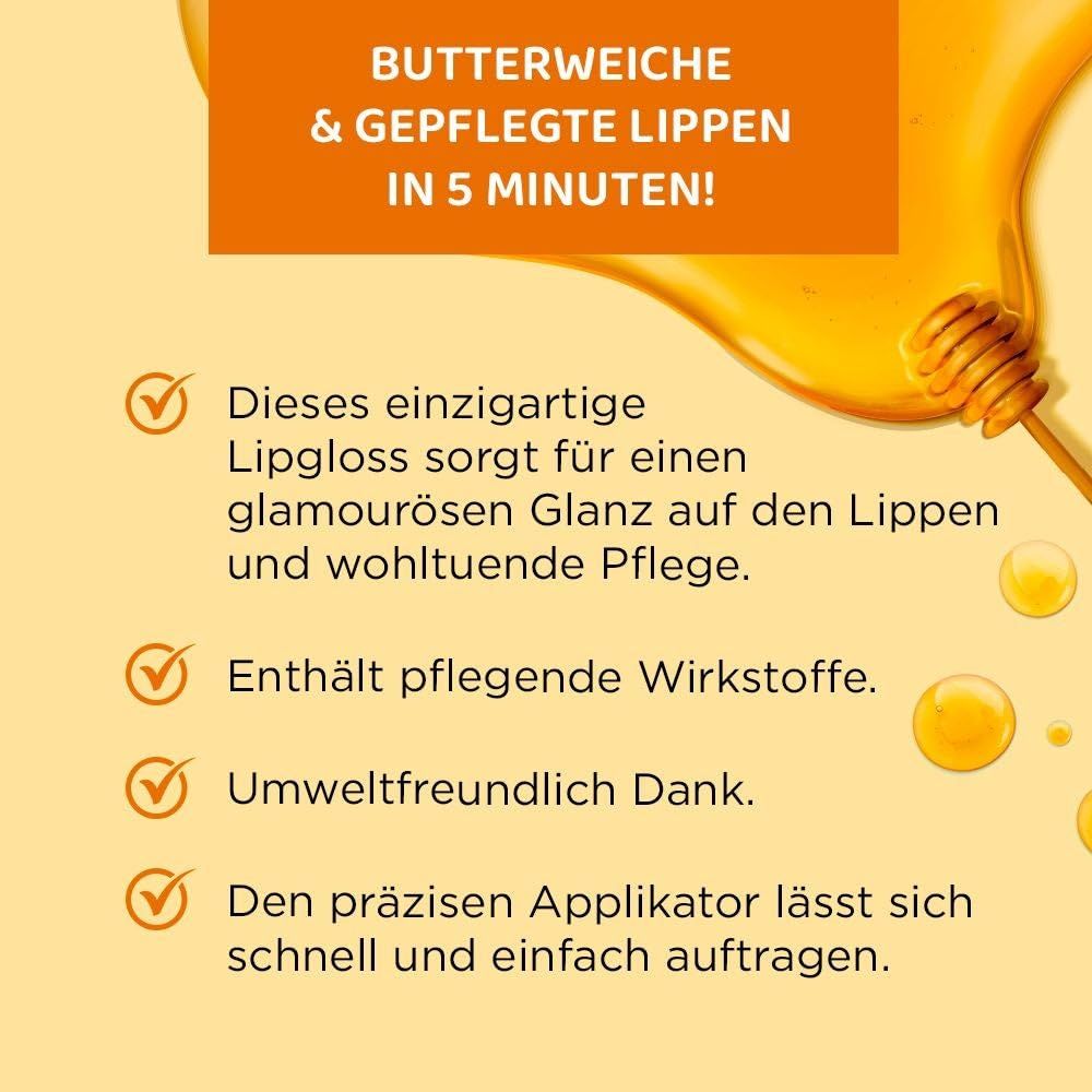 Text mit Vorteilen des Lipgloss: Glanz, Pflege, Inhaltsstoffe, Applikator. Honig-Illustration im Hintergrund.