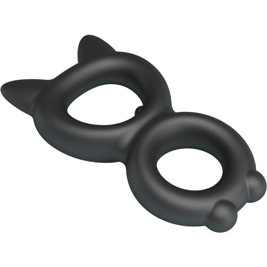 Schwarzer Doppel-Penisring mit Katzenohren-Design. Zwei Ringe verbunden, mit zwei kleinen Erhebungen.