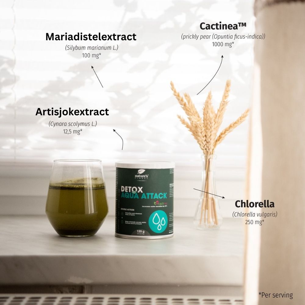 Nature's Finest Detox Aqua Attack Dose mit Glas und Zutaten-Darstellung (DE).